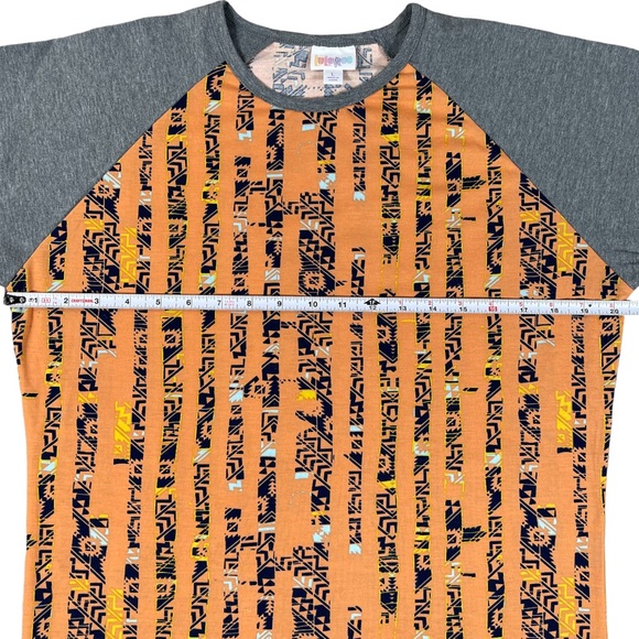 Lularoe size large orange tribal design, grey 3/4 sleeves & collar, curved hem - Picture 6 of 12
